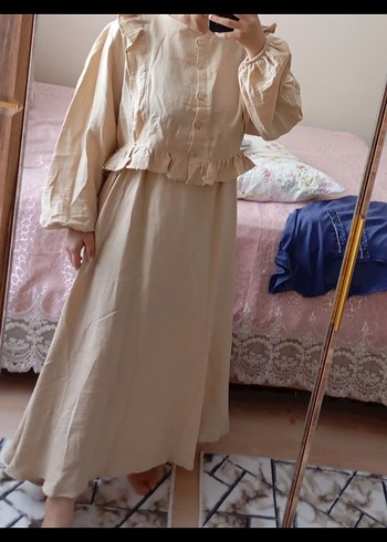 Bej Uzun Keten İkili Takım, Fırfırlı, Bol Kesim - Görsel 3