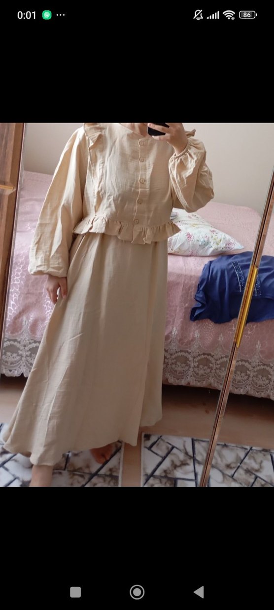 Bej Uzun Keten İkili Takım, Fırfırlı, Bol Kesim - Görsel 3