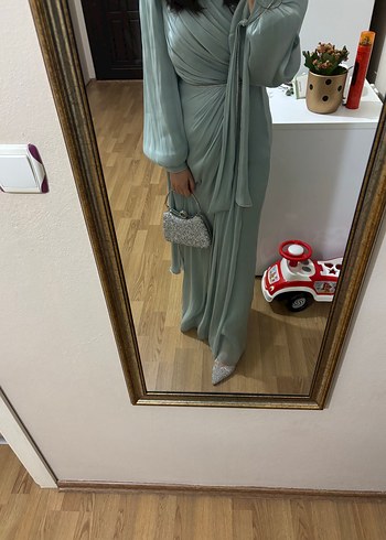 Abiye Uzun Turkuaz Drapeli Kadın Abiye Elbise