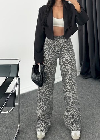 36 Beden kahverengi Renk Leopar wide leg jean