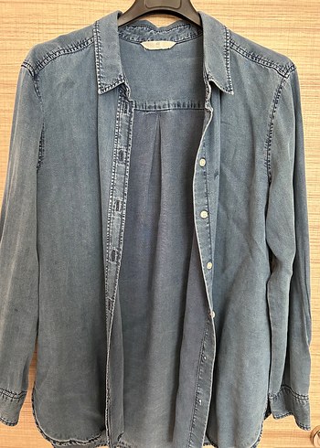 Düğmeli Uzun Kollu Denim Kadın Gömlek - Görsel 2