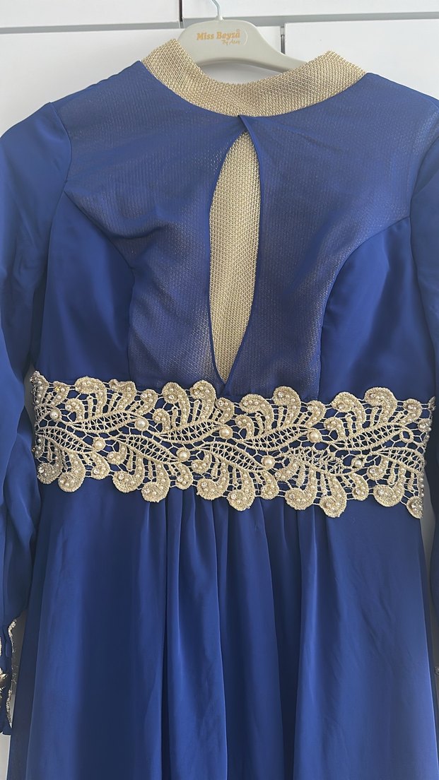 Drapeli Mavi Uzun Kollu Abiye Elbise - Görsel 2