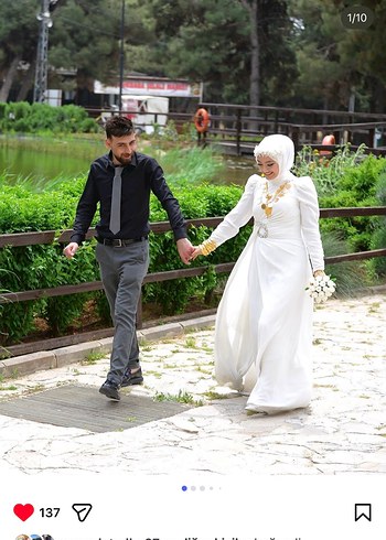 Uzun Kollu, Straplez Beyaz Düz Gelinlik - Görsel 2