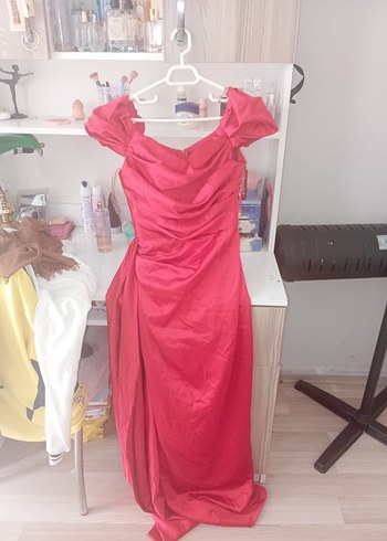 Pembe Drapeli Uzun Straplez Abiye Elbise - Görsel 2