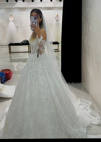 Uzun Kollu Straplez Prenses Gelinlik - Görsel 2