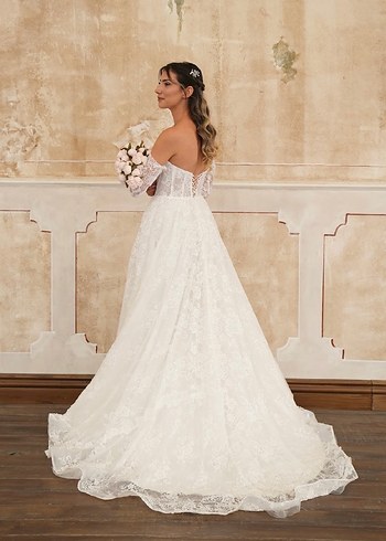 Uzun Kollu Straplez Prenses Gelinlik - Görsel 3