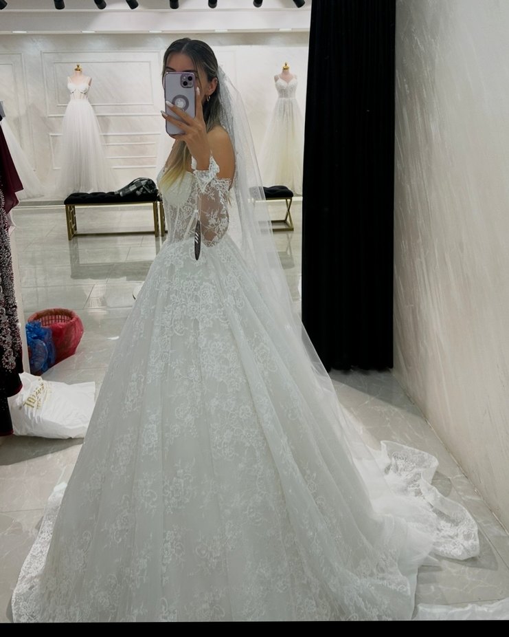 Uzun Kollu Straplez Prenses Gelinlik - Görsel 2