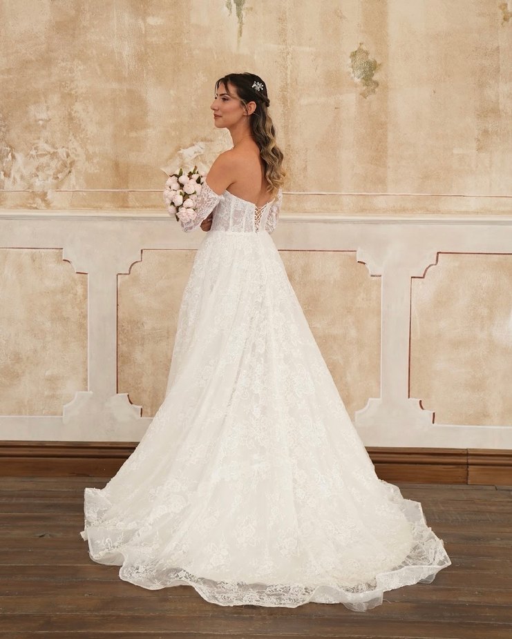 Uzun Kollu Straplez Prenses Gelinlik - Görsel 3