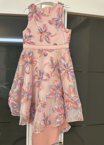 Çiçek Desenli Kız Çocuk Pembe Elbise