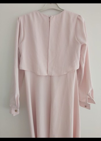 Pembe Uzun Kollu Dökümlü Uzun Elbise - Görsel 4