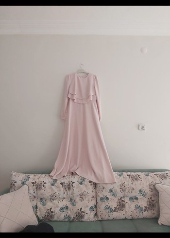 Pembe Uzun Kollu Dökümlü Uzun Elbise - Görsel 2