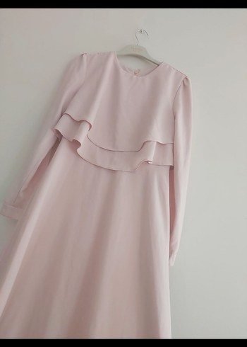 Pembe Uzun Kollu Dökümlü Uzun Elbise - Görsel 3