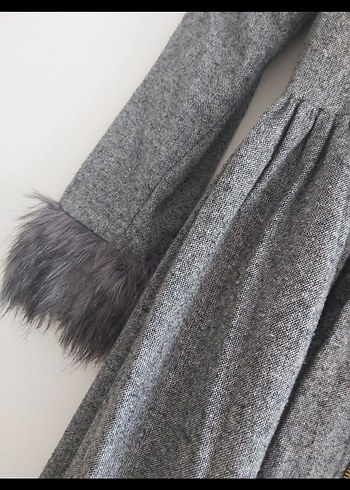 Gri Uzun Keten Kadın Kaban - Görsel 6