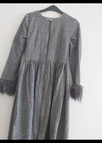 Gri Uzun Keten Kadın Kaban - Görsel 5