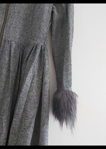 Gri Uzun Keten Kadın Kaban - Görsel 4