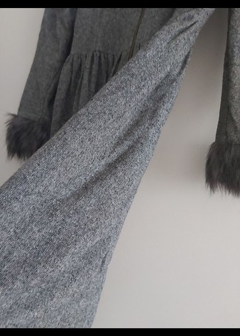 Gri Uzun Keten Kadın Kaban - Görsel 3