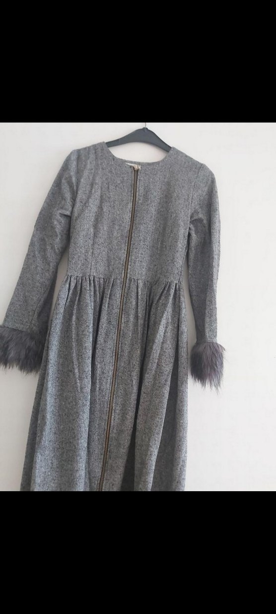 Gri Uzun Keten Kadın Kaban - Görsel 5