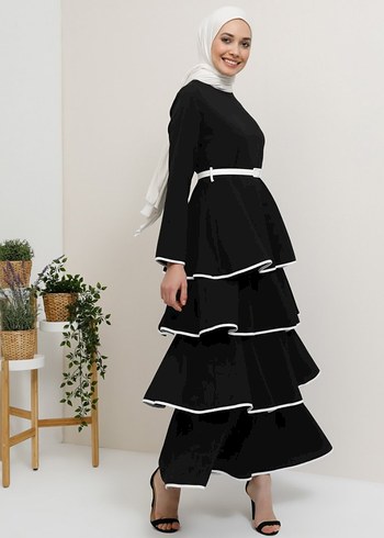 Uzun Siyah Katlı Tesettür Elbise - Görsel 2