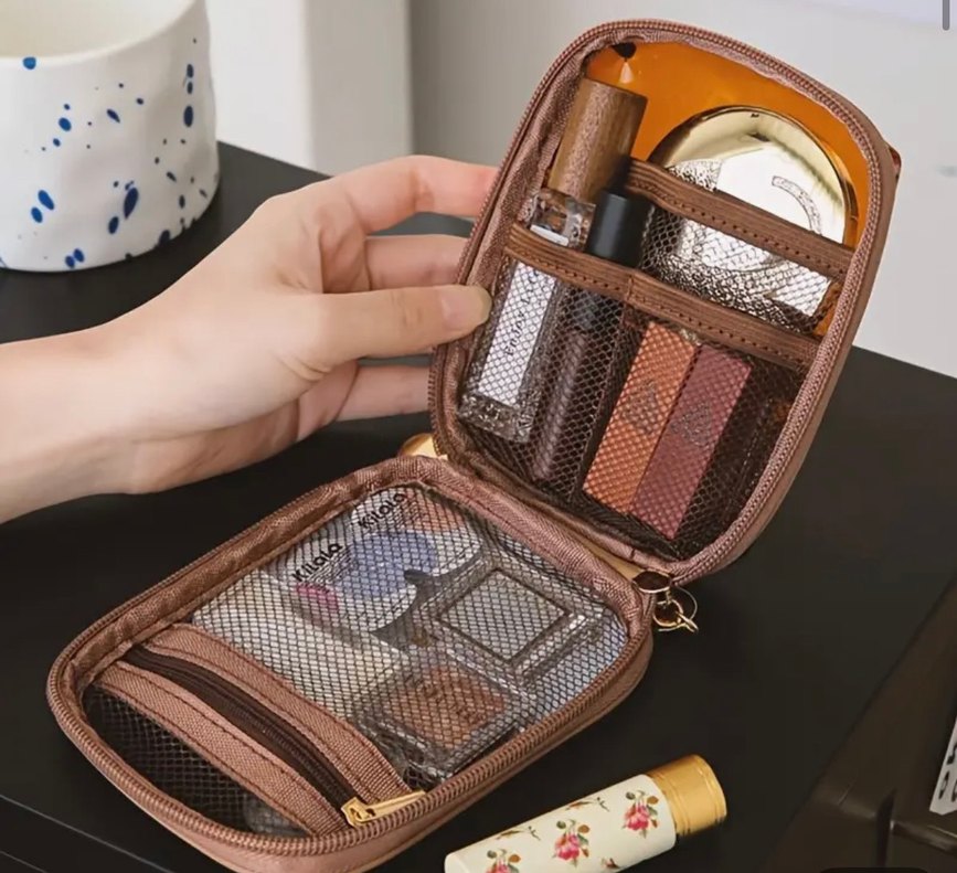 Bej Deri Fermuarlı Makyaj Çantası - Görsel 3