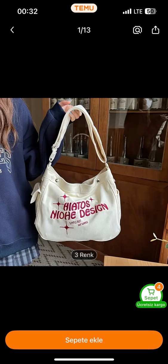 Beyaz Baskılı Pamuk Kadın Çanta - Görsel 2