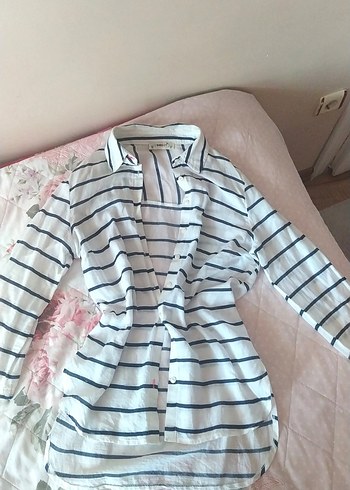 s Beden beyaz Renk Düğmeli Uzun Kollu Keten Gömlek