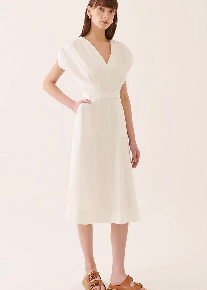 Perspective Midi Boy Ekru Renk Elbise - Görsel 3