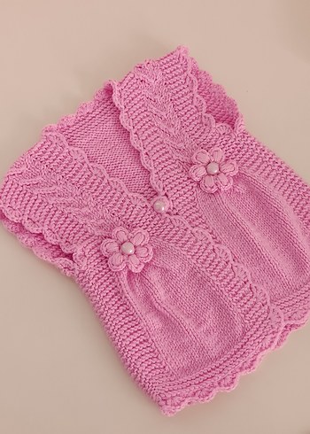 Nakışlı Pembe Örgü Kız Yeleği - Görsel 2