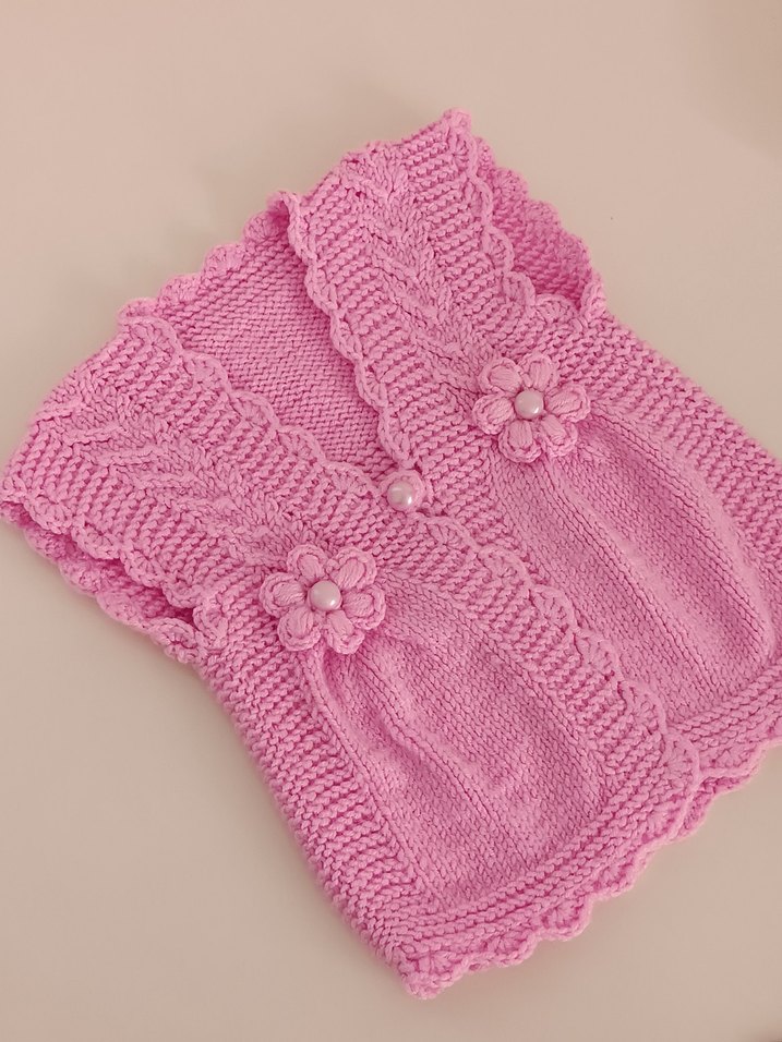 Nakışlı Pembe Örgü Kız Yeleği - Görsel 2