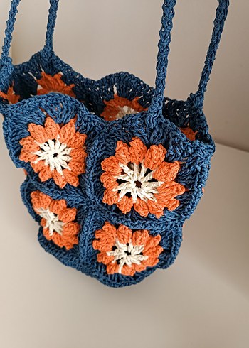 Çiçek Desenli Örgü Mavi Bohem Kadın Çantası - Görsel 2