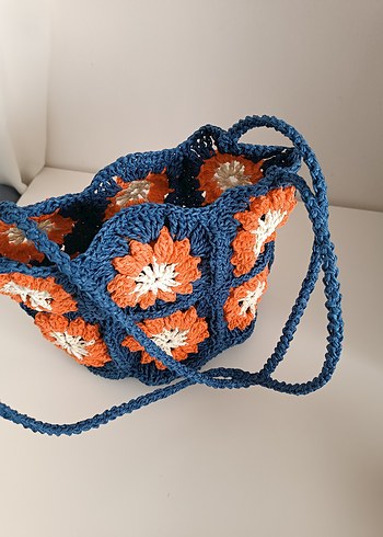 Çiçek Desenli Örgü Mavi Bohem Kadın Çantası - Görsel 4