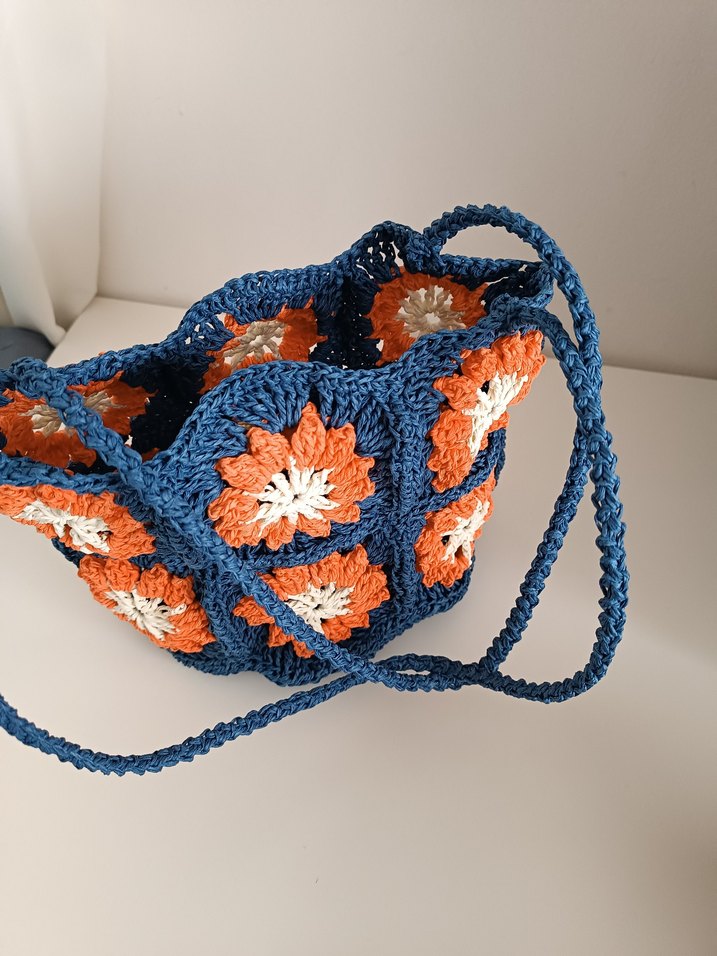 Çiçek Desenli Örgü Mavi Bohem Kadın Çantası - Görsel 4