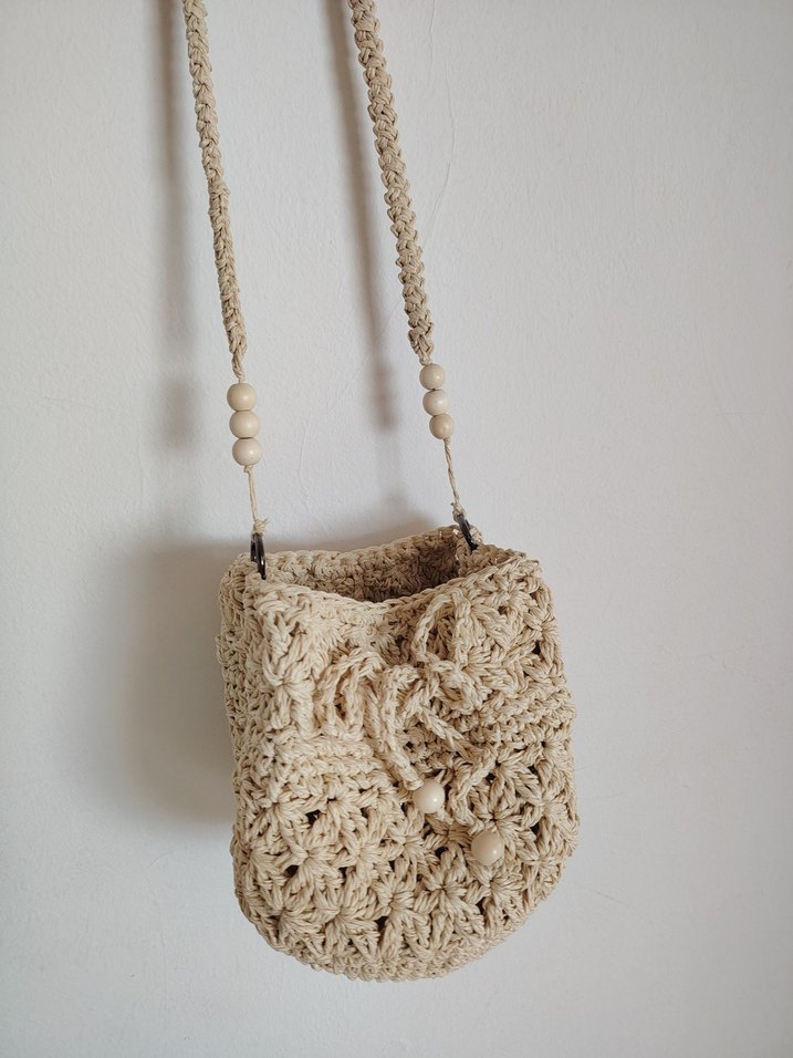 Dantel Detaylı Bej Örgü Kadın Çapraz Çanta - Görsel 2