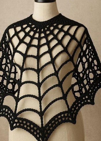 Siyah Dantel Örme Goth Kadın Panço