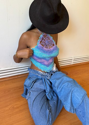 Bohem Çok Renkli Örgü Halter Yaka Crop Top
