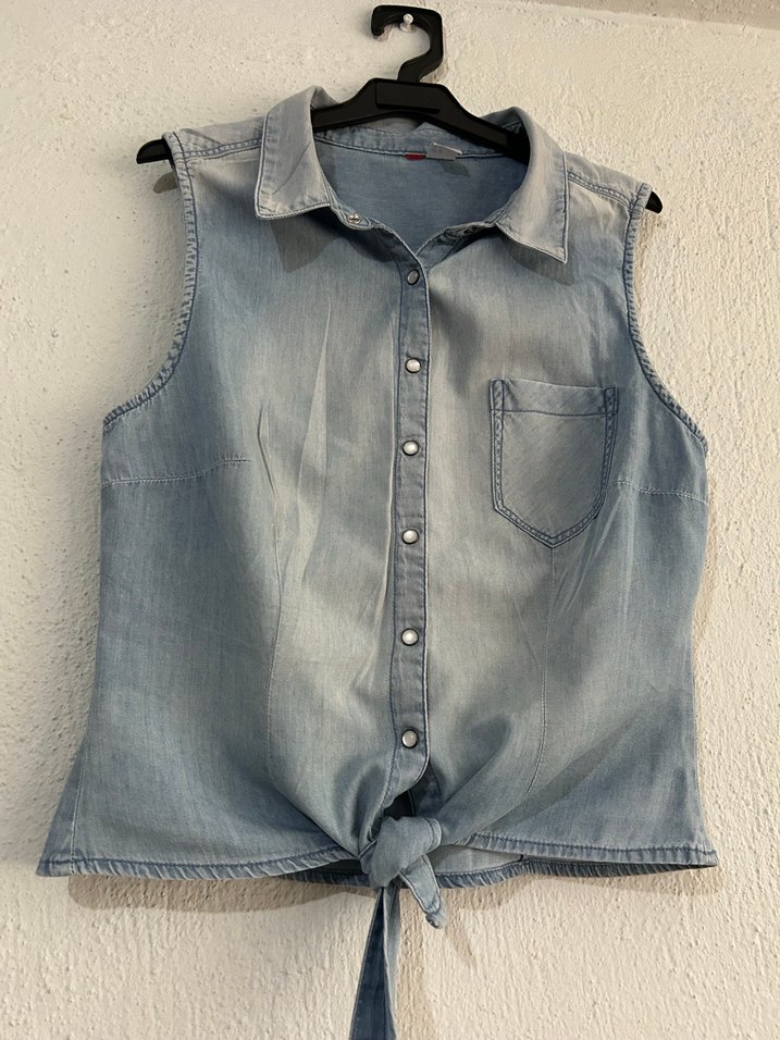 Gri Batik Desenli Kolsuz Denim Gömlek - Görsel 2