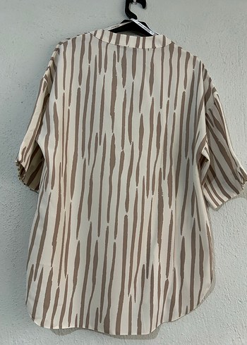 Bej Zebra Desenli Keten Kadın Gömlek - Görsel 4