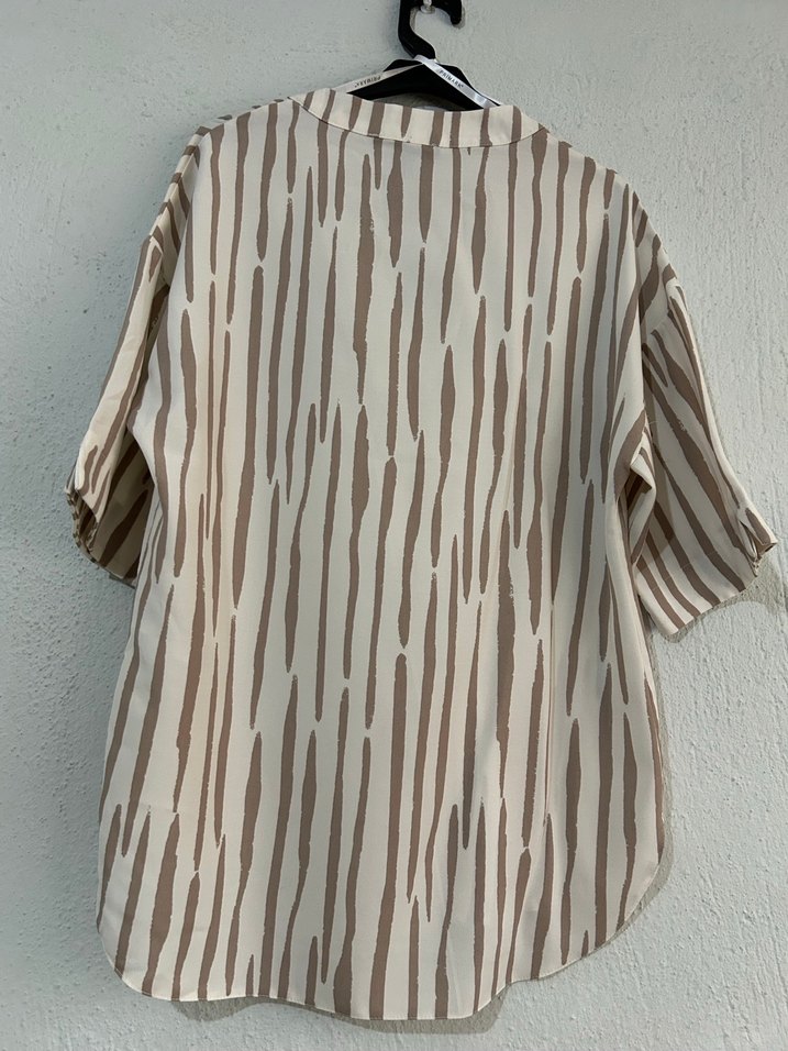 Bej Zebra Desenli Keten Kadın Gömlek - Görsel 4