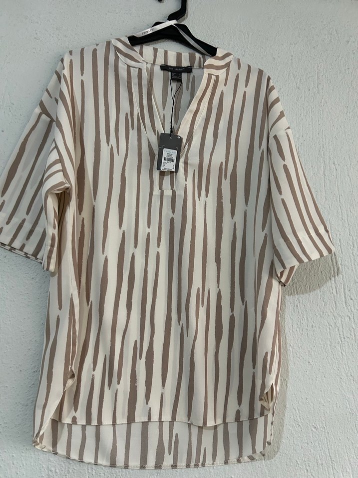 Bej Zebra Desenli Keten Kadın Gömlek - Görsel 2