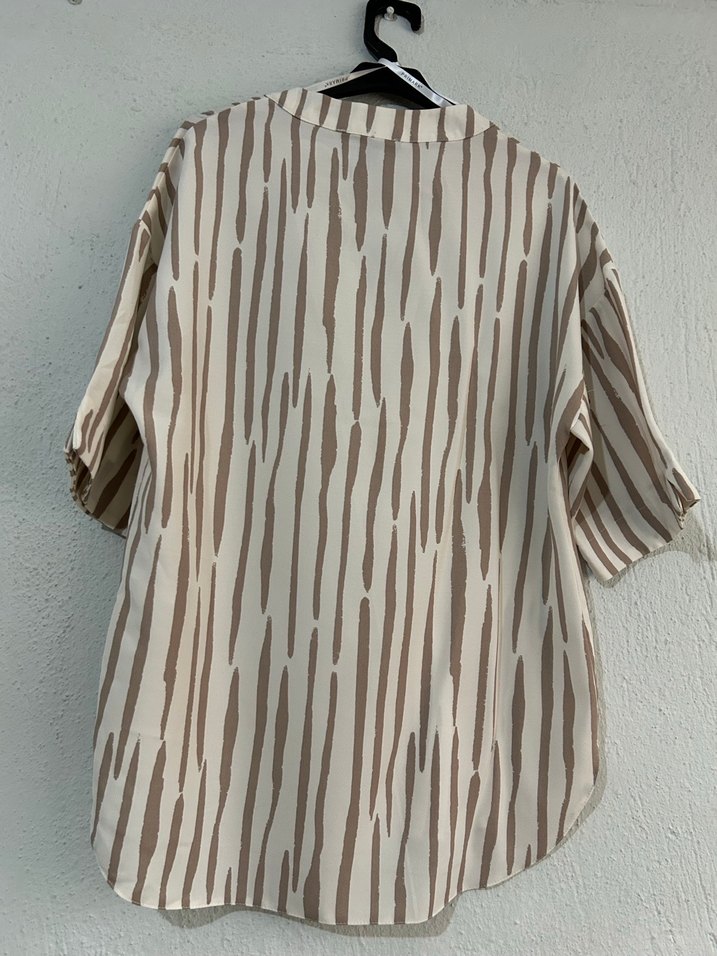 Bej Zebra Desenli Keten Kadın Gömlek - Görsel 3