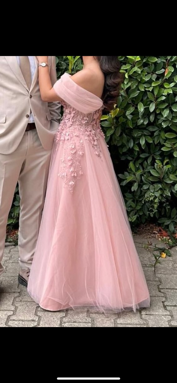 Pembe çiçek işlemeli Uzun Abiye Nişanlık - Görsel 3