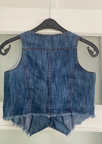 Düğmeli Kolsuz Mavi Denim Yelek - Görsel 3