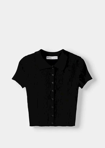 Bershka Düğmeli Siyah Kısa Kollu Polo Yaka Crop Top - Görsel 2