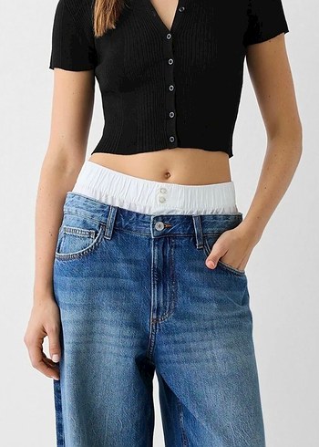 Bershka Düğmeli Siyah Kısa Kollu Polo Yaka Crop Top - Görsel 5