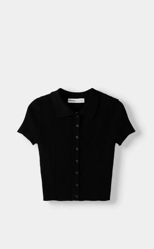 Bershka Düğmeli Siyah Kısa Kollu Polo Yaka Crop Top - Görsel 2