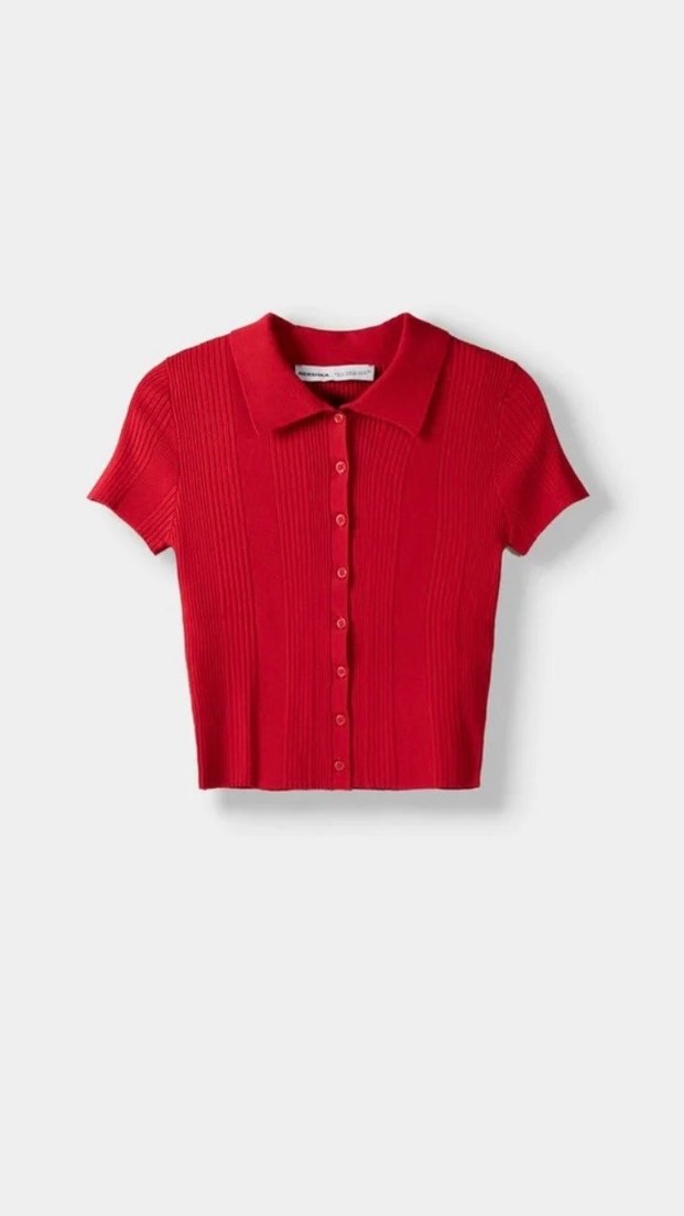 Bershka Düğmeli Kırmızı Polo Yaka Crop Top - Görsel 4