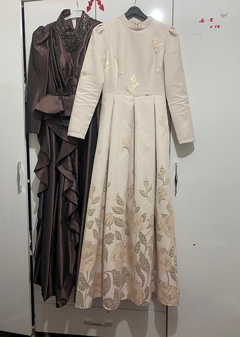 m Beden ten rengi Renk Bej Nakışlı Uzun Kollu Vintage Abiye Elbise