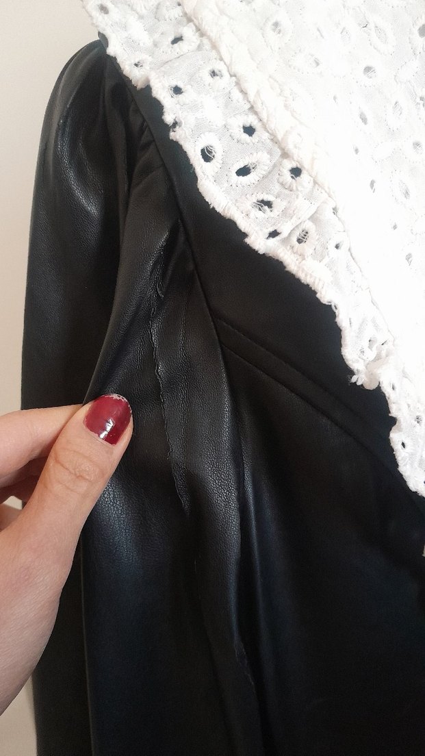 Dantelli Yaka Siyah Deri Midi/ mini  Elbise - Görsel 4