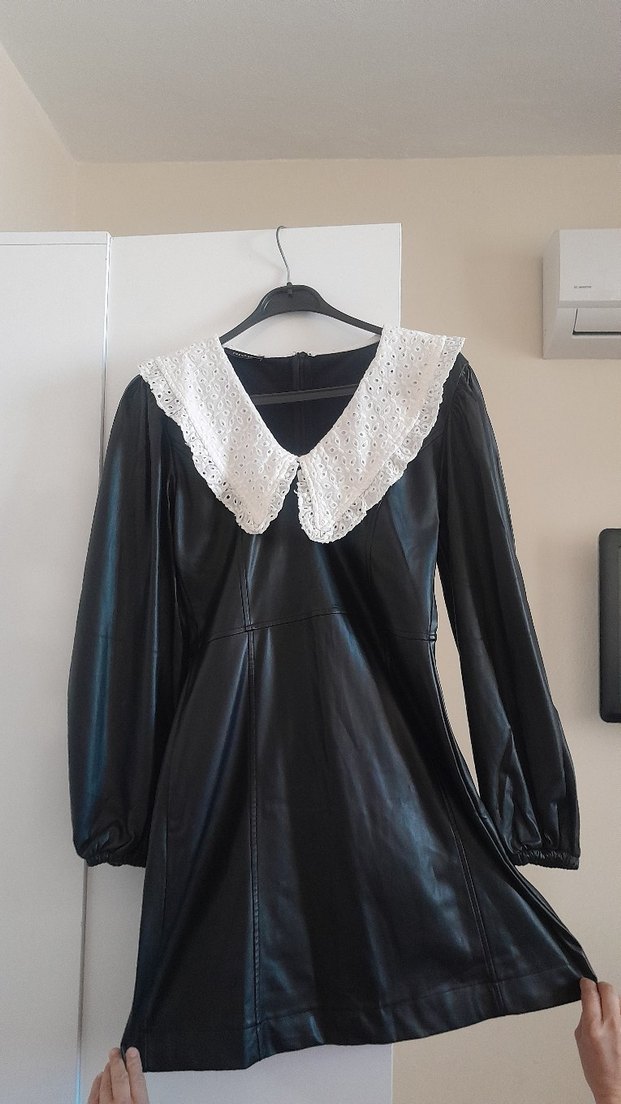 Dantelli Yaka Siyah Deri Midi/ mini  Elbise - Görsel 2