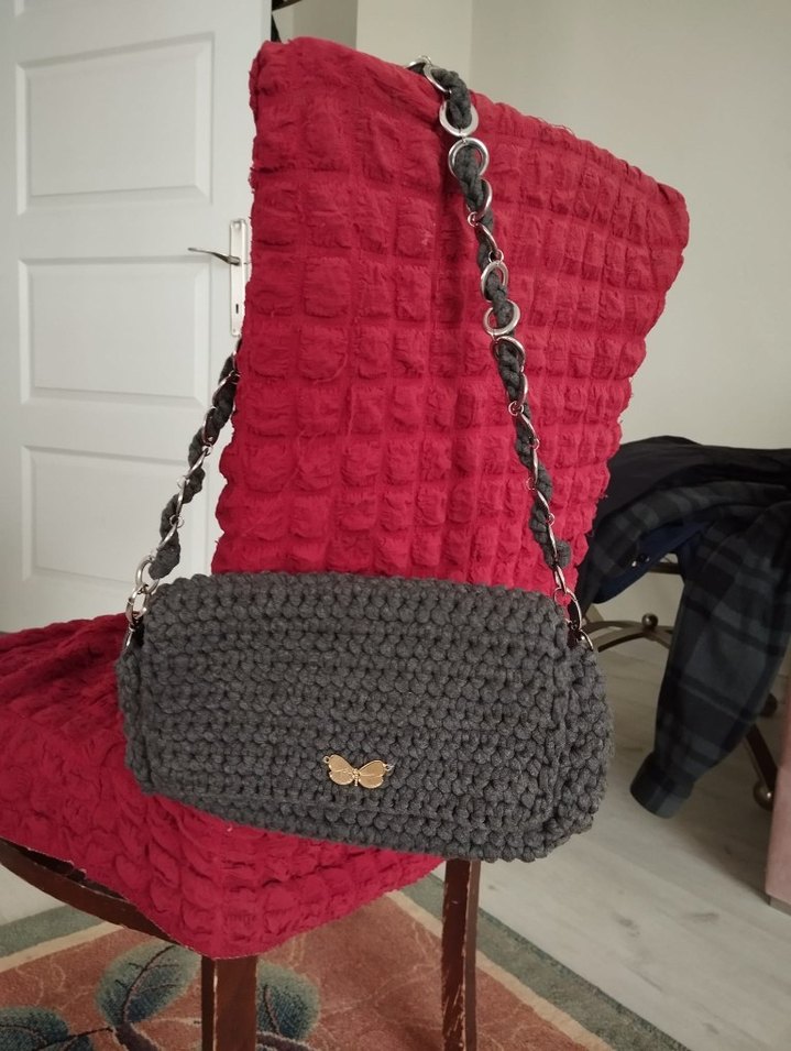 Püsküllü Pembe Örgü Kadın Çanta - Görsel 3