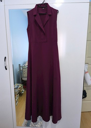 Mor V-Yaka Düğmeli Uzun Ofis Elbisesi - Görsel 6